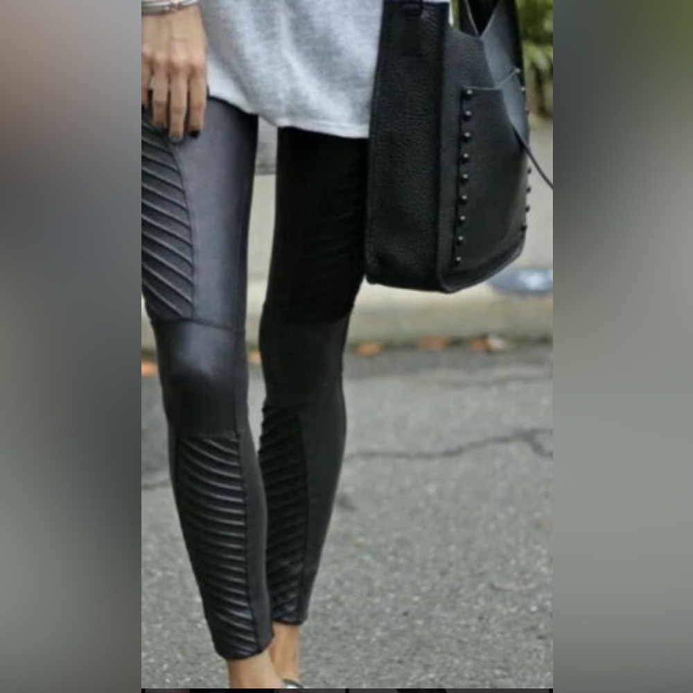 SPANX Faux Leather Black Ribbed Moto Leggings| US SM